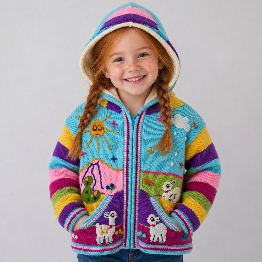 Handmade Kids Size 8 Cotton Knit Hoodie Fleece Lined Alpaca Bunny Sun Rainbow